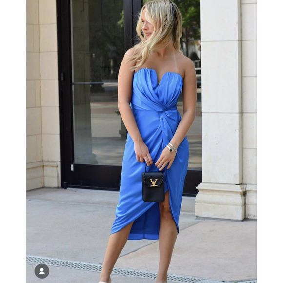 Do and Be Strapless Dress Satin Blue Asymmetrical Hem Elegant Cocktail Size M - Picture 1 of 8